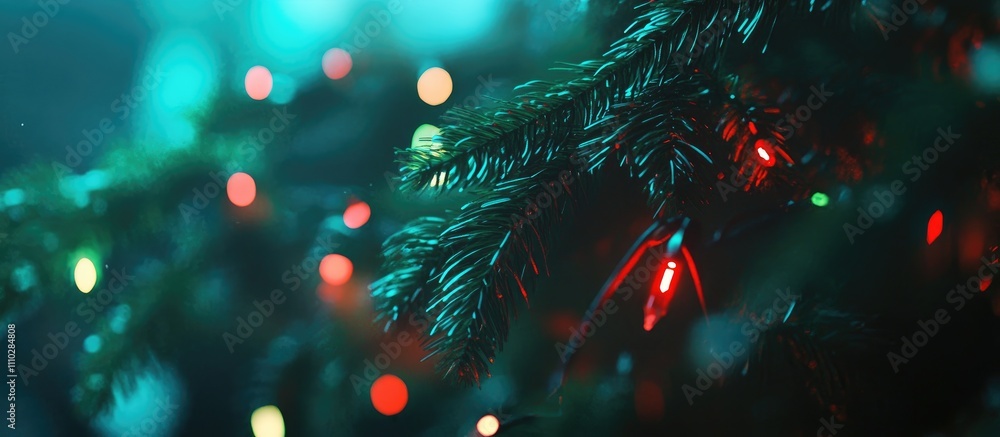 Poster coniferous tree branches adorned with colorful glowing garlands creating a festive holiday atmospher