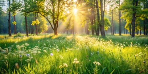 Golden sunlight streams through a forest canopy, illuminating a lush green meadow filled with wildflowers.