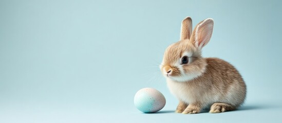 Obraz premium Newborn rabbit beside a pastel Easter egg on a soft blue background celebrating spring and holiday traditions.