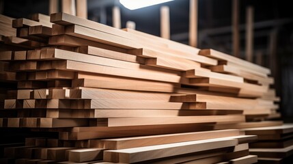 Fototapeta premium Wooden planks neatly stacked in a well-lit furniture manufacturing workshop showcasing craftsmanship and raw materials for woodworking projects