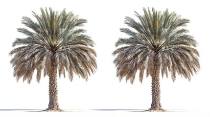Obraz premium Wild date palm trees with lush green fronds isolated on a bright white background, emphasizing their tall, slender trunks and vibrant foliage, nature, tropical, botanical, minimalism.