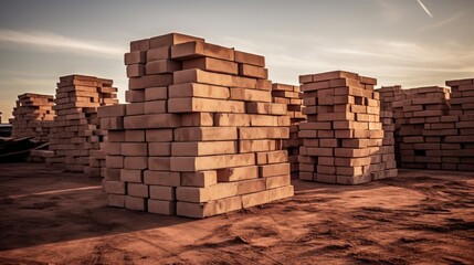 Stacks of bricks arranged neatly at a construction site showcasing preparations for building and infrastructure development