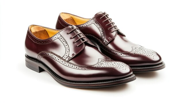 Elegant polished leather dress shoes displayed on a clean white backdrop ideal for fashion advertising and product promotion.