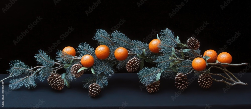 Poster spruce branch with pine cones and tangerines arranged artistically on a dark background showcasing n