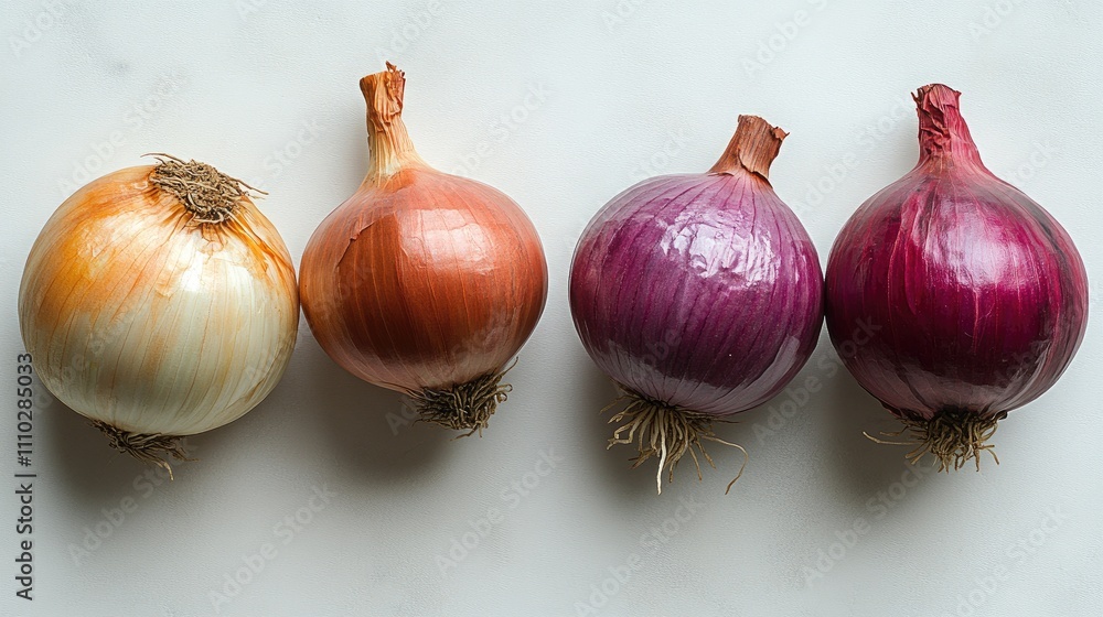 Poster assorted onions in different colors arranged on a white background showcasing their unique shapes an