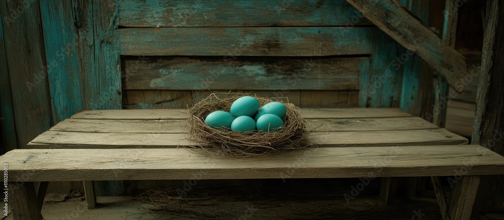 Poster colorful eggs in a rustic nest resting on a weathered wooden table background creating a serene and 