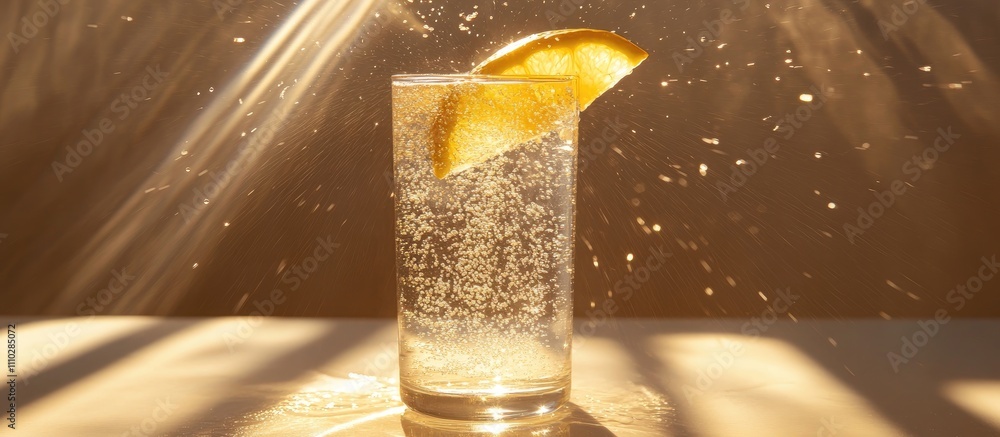 Poster refreshing hard seltzer cocktail with lemon slice surrounded by eco friendly bartending tools in a s