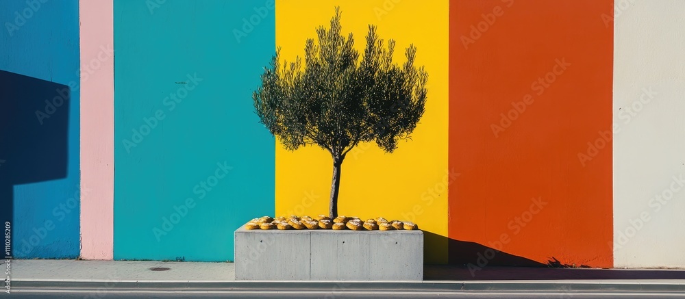 Poster colorful abstract backdrop with small tree in concrete container creating a trendy winter holiday ca