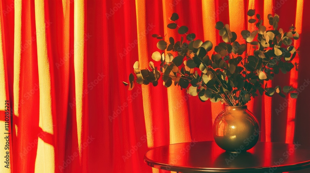 Poster eucalyptus branches in a vase on a table with vibrant red curtains creating a warm and inviting atmo