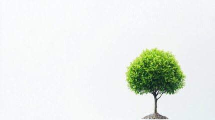 Lone tree with vibrant green foliage set against a minimalist white background symbolizing solitude and nature's beauty