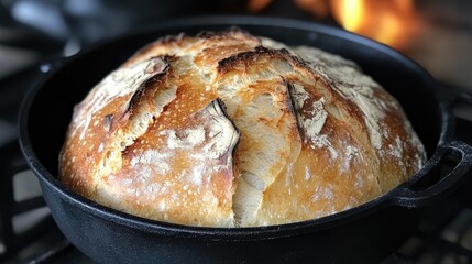 Artisan sourdough bread baked in a clay pot showcasing natural yeast starter at a vibrant French food market