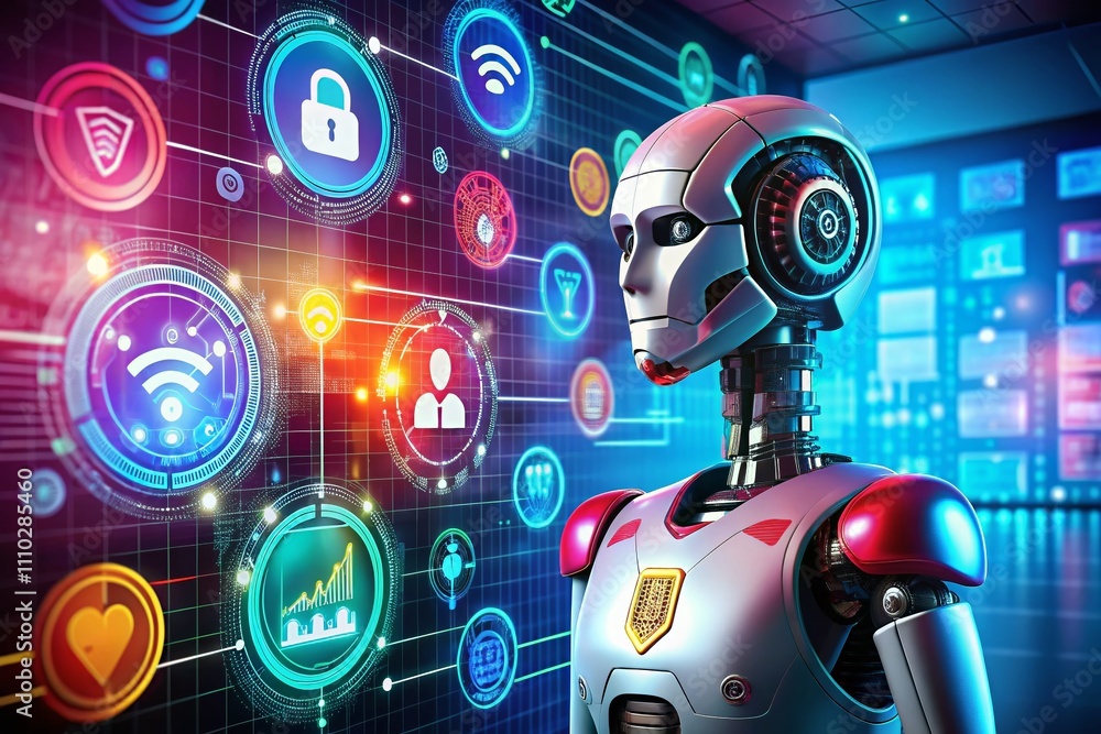 Aufkleber cybersecurity and ai: 3d robot guarding against internet scams and cybercrime with digital network t