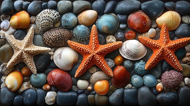 Starfish and colorful cockleshells arranged on a textured stone background creating a vibrant marine composition