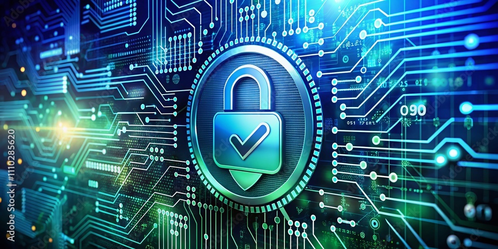Poster cybersecurity concept with computer motherboard, safety lock, and verified credentials in a wide ban