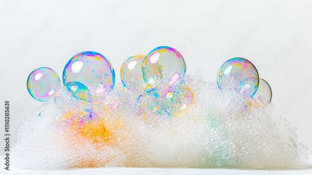 Poster bubbles and foam abstract composition on white background for fun and playful concepts
