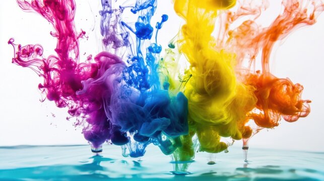 An inspiring scene of various colored ink drops merging in water to create a harmonious blend of hues, Symbolizing the integration of diverse ideas into a cohesive and beautiful result