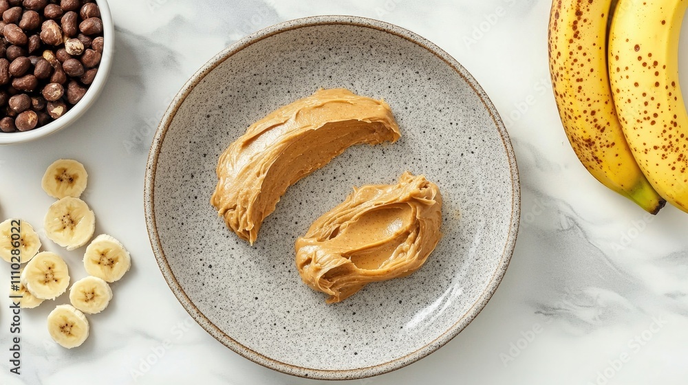 Aufkleber sliced banana topped with creamy peanut butter on a textured plate with surrounding banana slices an