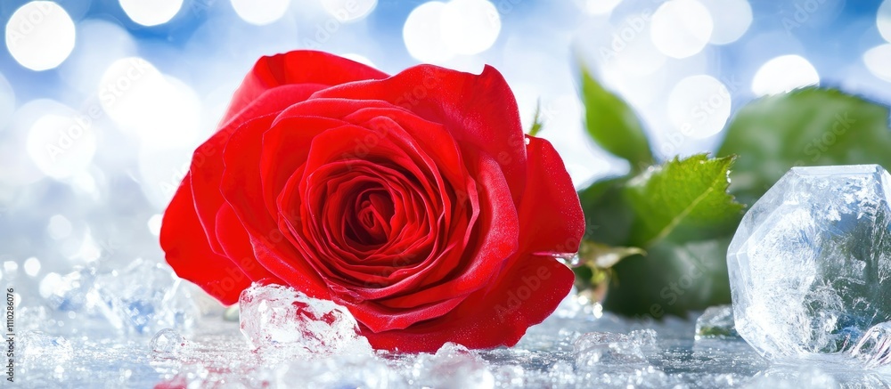 Poster red rose elegantly resting on clear ice with sparkling bokeh background creating a serene and romant