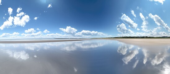 Panoramic coastal landscape reflecting clouds and sky on tranquil beach surface under bright blue skies during daytime