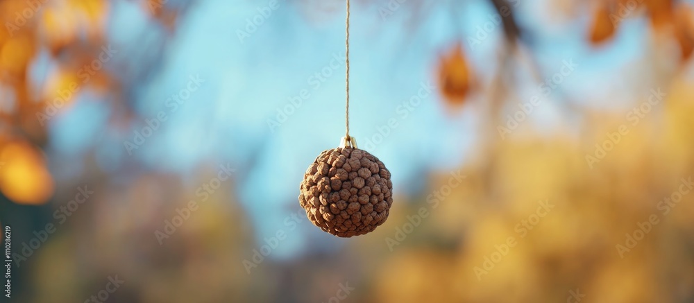 Poster rustic wooden ornament hanging on a golden string with softly blurred autumn foliage in the backgrou