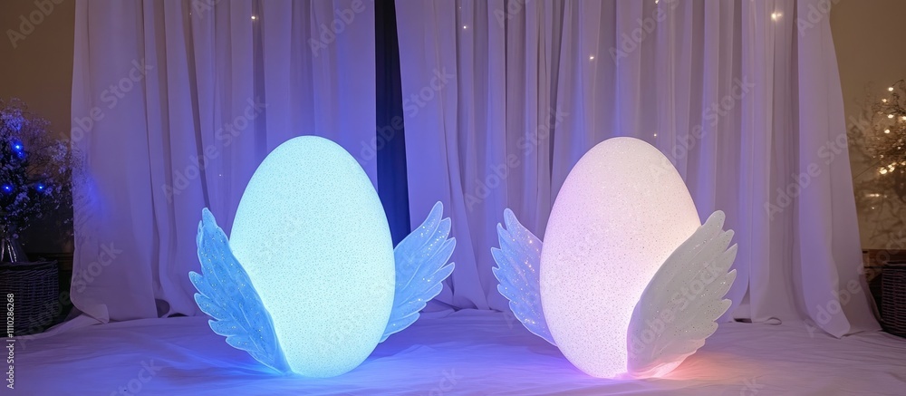 Poster Two glowing eggs with glitter slime wings against a backdrop of colorful lights creating a whimsical and enchanting atmosphere for creative concepts.