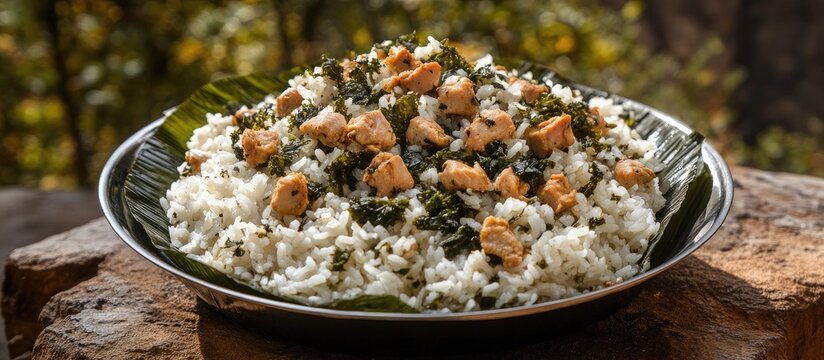 Traditional Juane dish featuring seasoned rice and chicken wrapped in bijao leaves, presented on a rustic plate with a natural background.