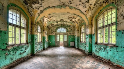 Abandoned vintage warehouse interior with peeling paint and green tiles showcasing decayed architecture and nostalgic atmosphere