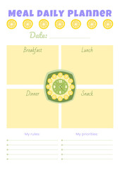 Daily meal plan template with decorative element in the form of a clock with lemon circles around the dial. Vertical A4 format