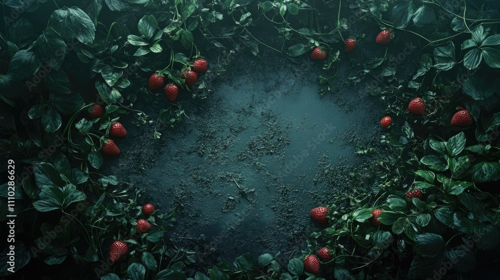 Poster freshly picked strawberries arranged in a circular pattern with lush green leaves on a dark textured