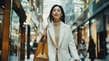 Fototapeta premium A stylish Asian woman walking through a high-end shopping district, carrying luxury bags.