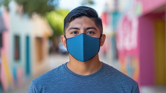 Man wearing a blue face mask in an urban setting with colorful buildings reflecting safety and community awareness.