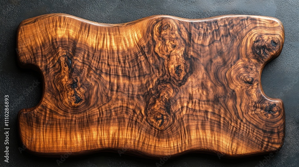 Poster handcrafted walnut chopping board with intricate grain patterns on a dark textured background.