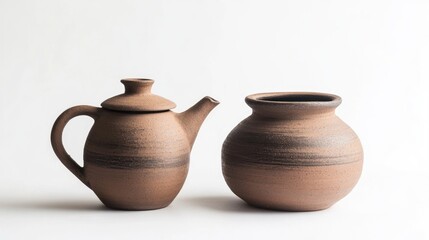 Traditional clay teapot and jar for tea ceremony showcasing rustic craftsmanship and cultural heritage on clean white background
