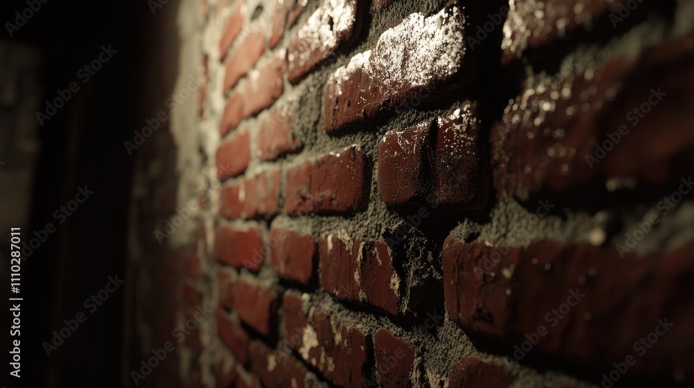 Poster detailed close-up of a weathered red brick wall with textured surface and subtle shadows creating an