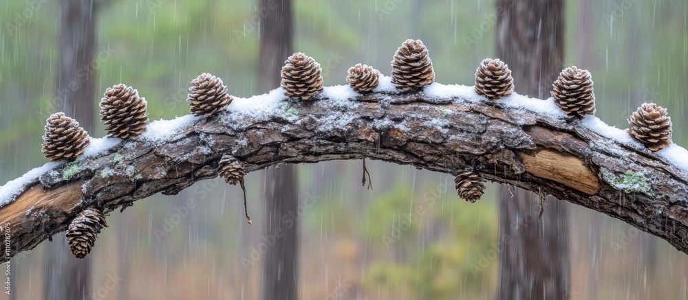 Poster snow-covered pine cones arranged along a snowy limb in a serene forest setting during snowfall.