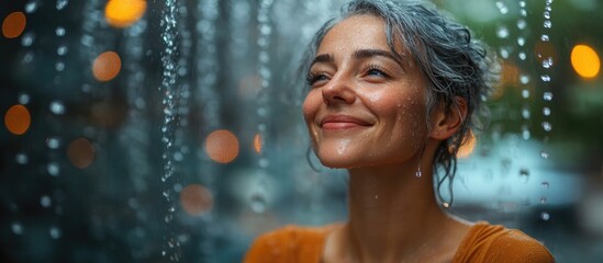 Obraz premium Mature woman enjoying refreshing outdoor shower with water jets showcasing happiness and tranquility in a serene lifestyle scene.