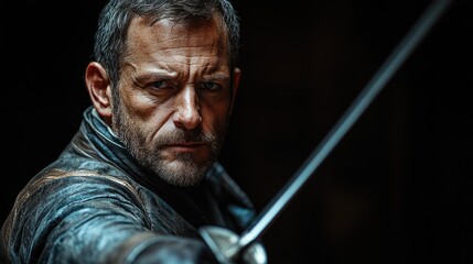 Fierce focus of a man in fencing attire practicing sword skills against a dramatic dark background