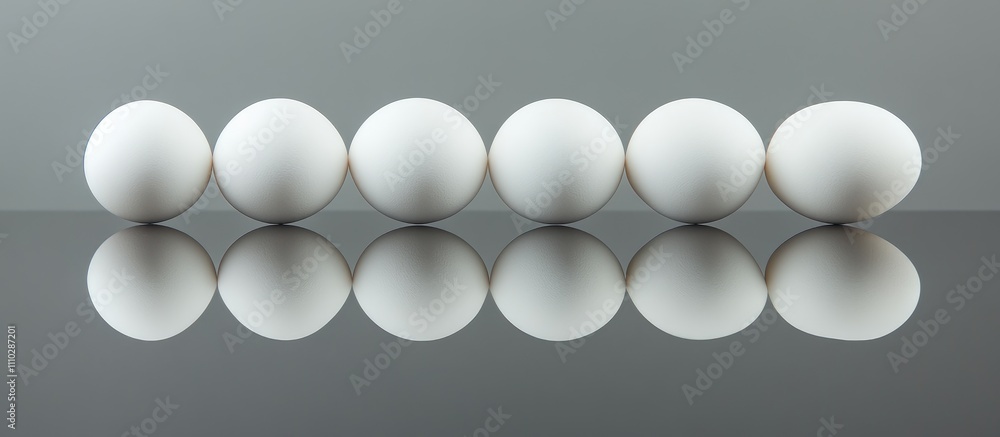 Poster white chicken eggs aligned on a reflective surface with a gray background creating a minimalist and 