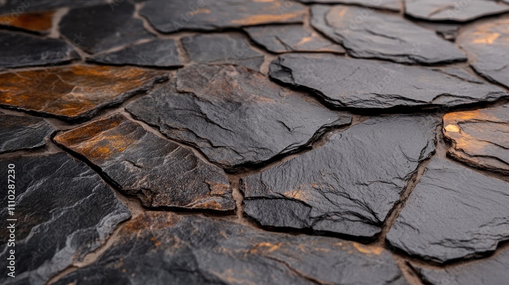 Poster close-up view of textured paving slabs featuring dark stone patterns for architectural and landscapi