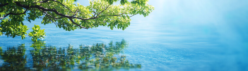 Serene water surface reflecting lush greenery under a clear blue sky.