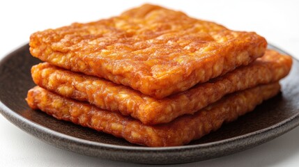 Crispy Tempe Goreng stacked on a plate showcasing traditional Indonesian fried tempeh with a golden flour coating on a light background