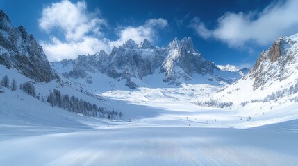 Expansive view of a majestic glacier and ski slopes framed by towering mountain peaks, with clear blue skies and soft clouds above, winter landscape, adventure, outdoor exploration.