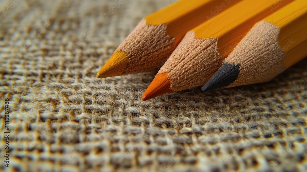 Poster macro shot of three colored pencils on a textured linen background highlighting their tips and craft