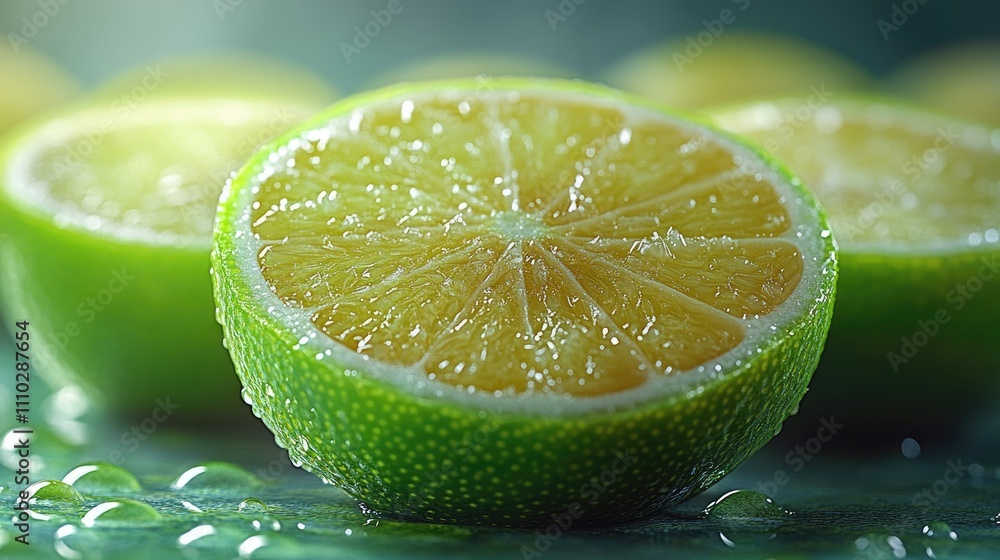 Poster fresh lime and lemon slices arranged on a vibrant solid color background showcasing juicy citrus tex
