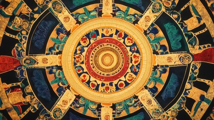 Fototapeta premium An intricate mandala with patterns reflecting various cultural symbols, Depicting the unity and balance achieved through cultural diversity, minimalist style