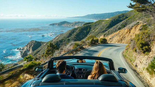 A wealthy man and woman enjoying a road trip in a luxury convertible along a scenic coastal highway.