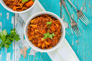 Vegetarian lasagne soup with meatless quorn mince