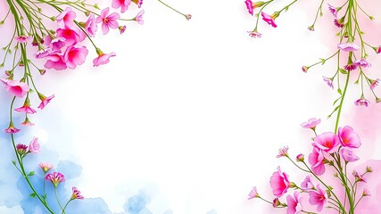 Delicate Pink Flowers Frame a White Watercolor Background