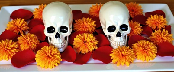 Obraz premium Marigold Petals and Skull Decor Celebrating Dia de los Muertos Traditions.