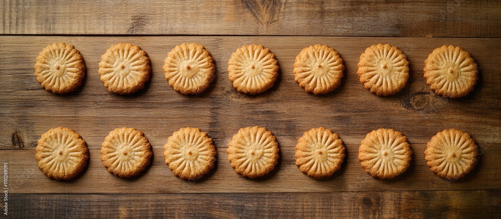 Poster homemade cookies arranged on rustic wooden background with space for custom text or branding